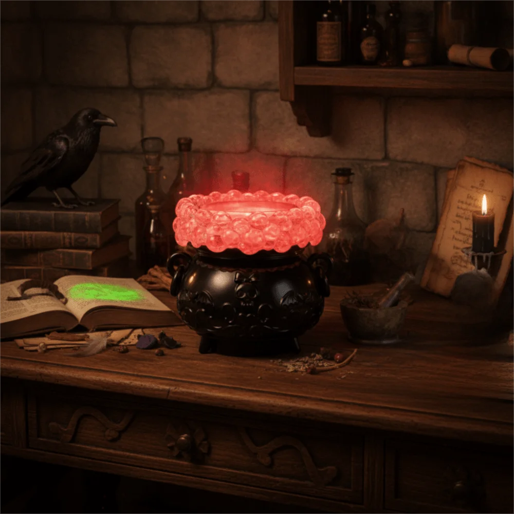 Color-Changing LED Lights Halloween Glowing Bubble Witch Crucible Relief Pattern with Remote Control Crucible Candlestick Gothic