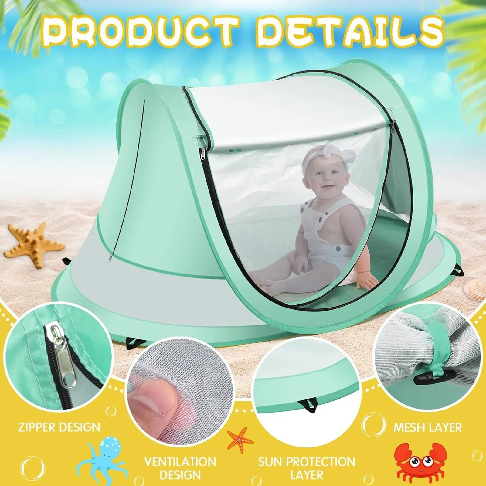 Toddler Beach Tent Outdoor Baby Shade UV Resistant Folding Baby Pop-Up Dome Tent For Vacation Camping Pool Beach Travel Backyard view 3