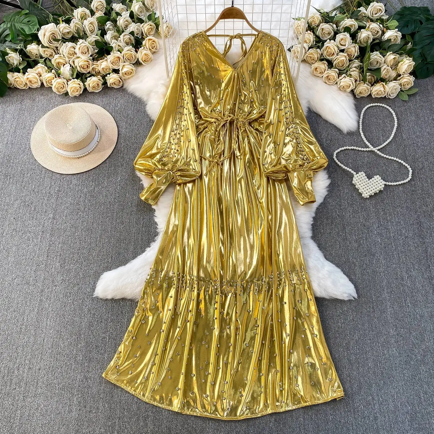 

Шикарный винтажный рукав-фонарик с v-образным вырезом и длинным рукавом, элегантная фея, корейская модная осенняя вечерние женская одежда