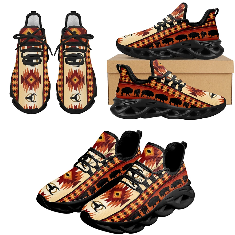 INSTANTARTS Tribal Aztec Cow Sneakers Lightweight Breathable Mesh Soft Shoes Women Outdoor Sports Tennis Walking Vulcanize Shoes