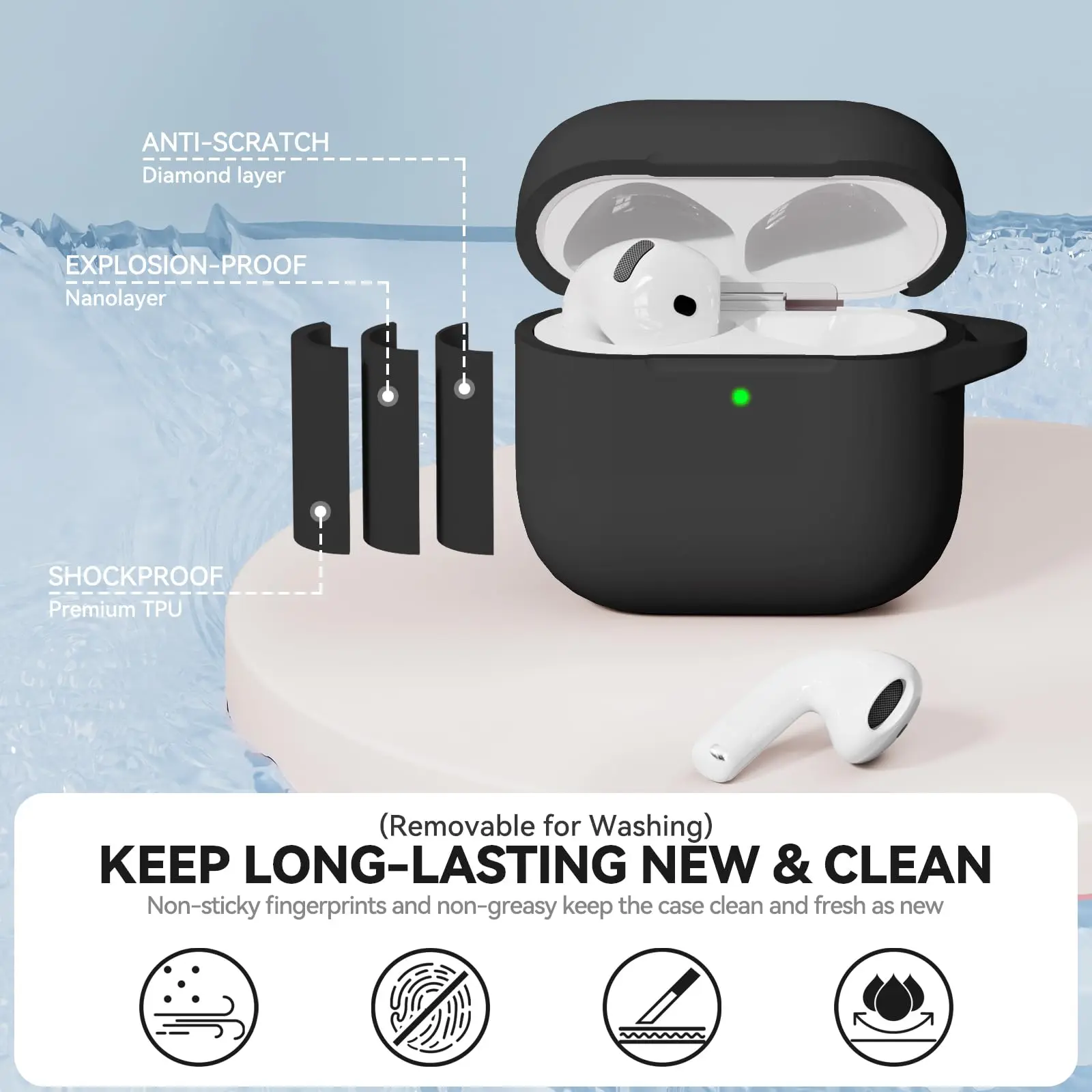 AirPods 4 케이스 소프트 실리콘 드롭 보호 Airpods 4 세대 2024 용 스크래치 방지 케이스 커버 (클리너 키트 키 체인 포함)