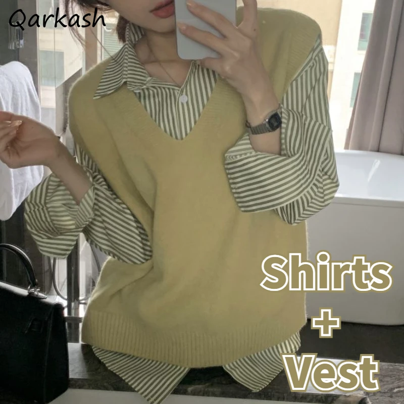 2 Pcs Sets Women Striped Harajuku Baggy Shirts Kawaii Knitted Sweater Vest Autumn Aesthetic Daily Tender Lady Korean Style 2023