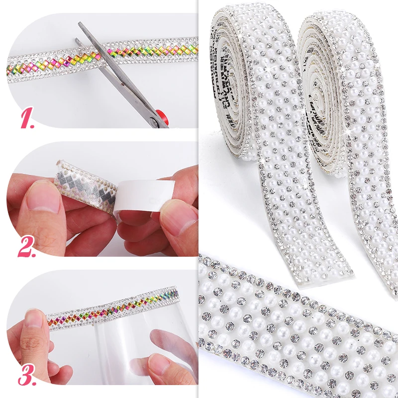 1 Yard Sewing Trim Pearl Crystal Motif Strass Hot Fix Rhinestone Applicator Ribbon With Rhinestones Iron On For Dresses Hat etc.