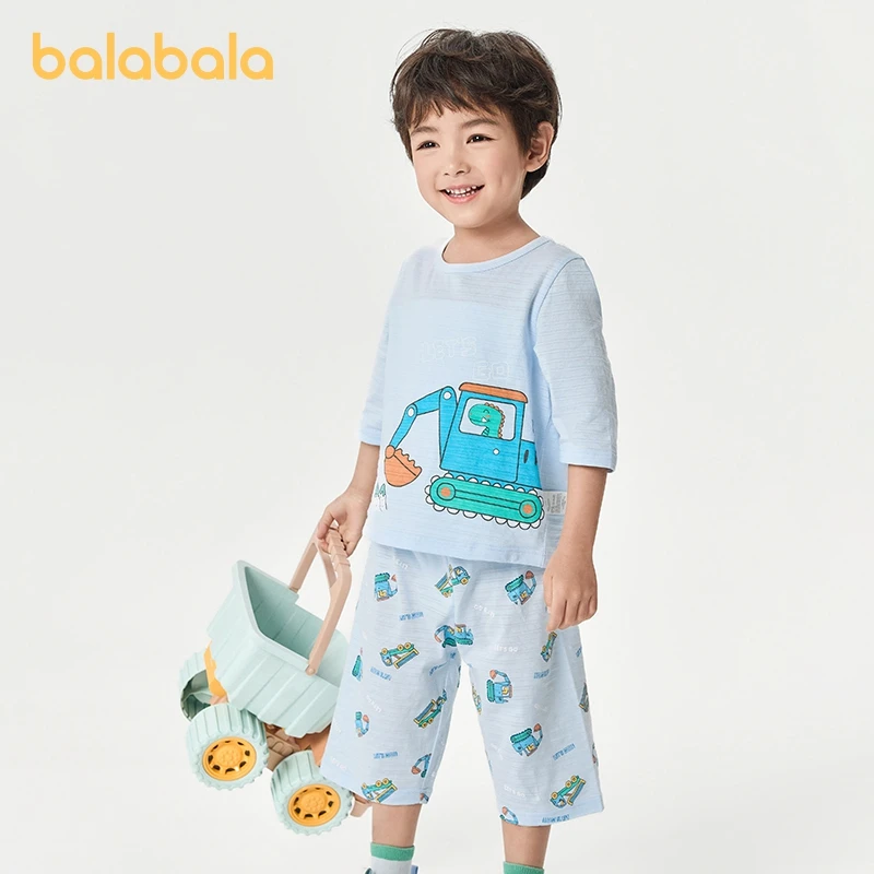 Balabala Baby Pajama Sets Boys Girls 2024 Summer New Air-conditioned Pure Cotton Coarse Yarn Breathable Seven-Point Home Wear