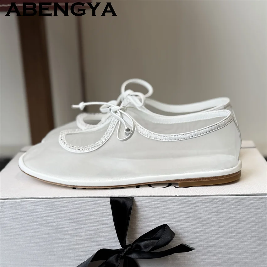 See-through Mesh Lace Up Loafers Flat Shoes Women Nude Round Toe Casual Flat Shoes Summer Moccasins Lady Driving Shoes Women