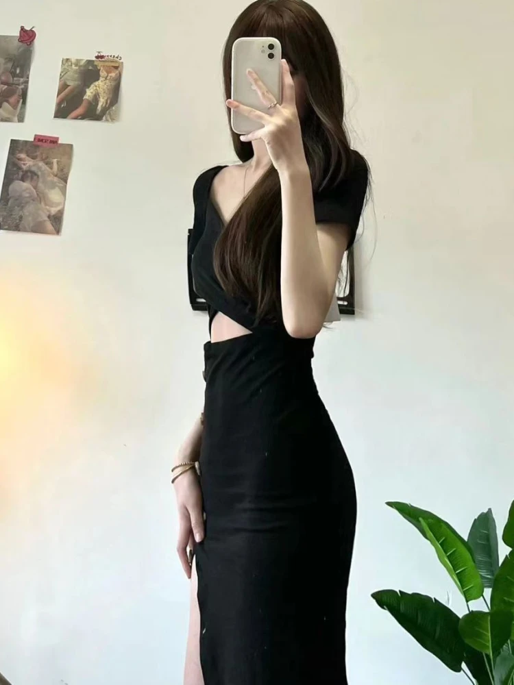 Schwarzes Kleid Frauen unregelmäßigen Schlitz Hotsweet Sommer aushöhlen elegante Bodycon Party Mode Streetwear täglichen All-Match-Urlaub