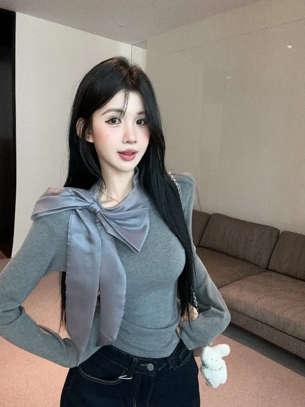 

Elegant Ladylike Long Sleeve Top with Bow Tie Slim Fit Base Shirt Gentle Wind Style Autumn Winter Atmosphere Unique Nicole Rose