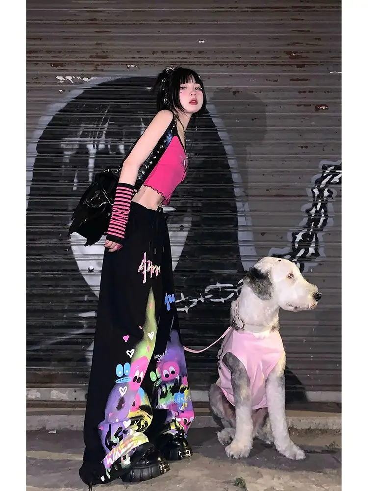 New Y2K Retro Pink Cartoon Figure Printed Overalls Trousers Female Personality Street Hip-Hop Loose Casual Dancing Sports Pants