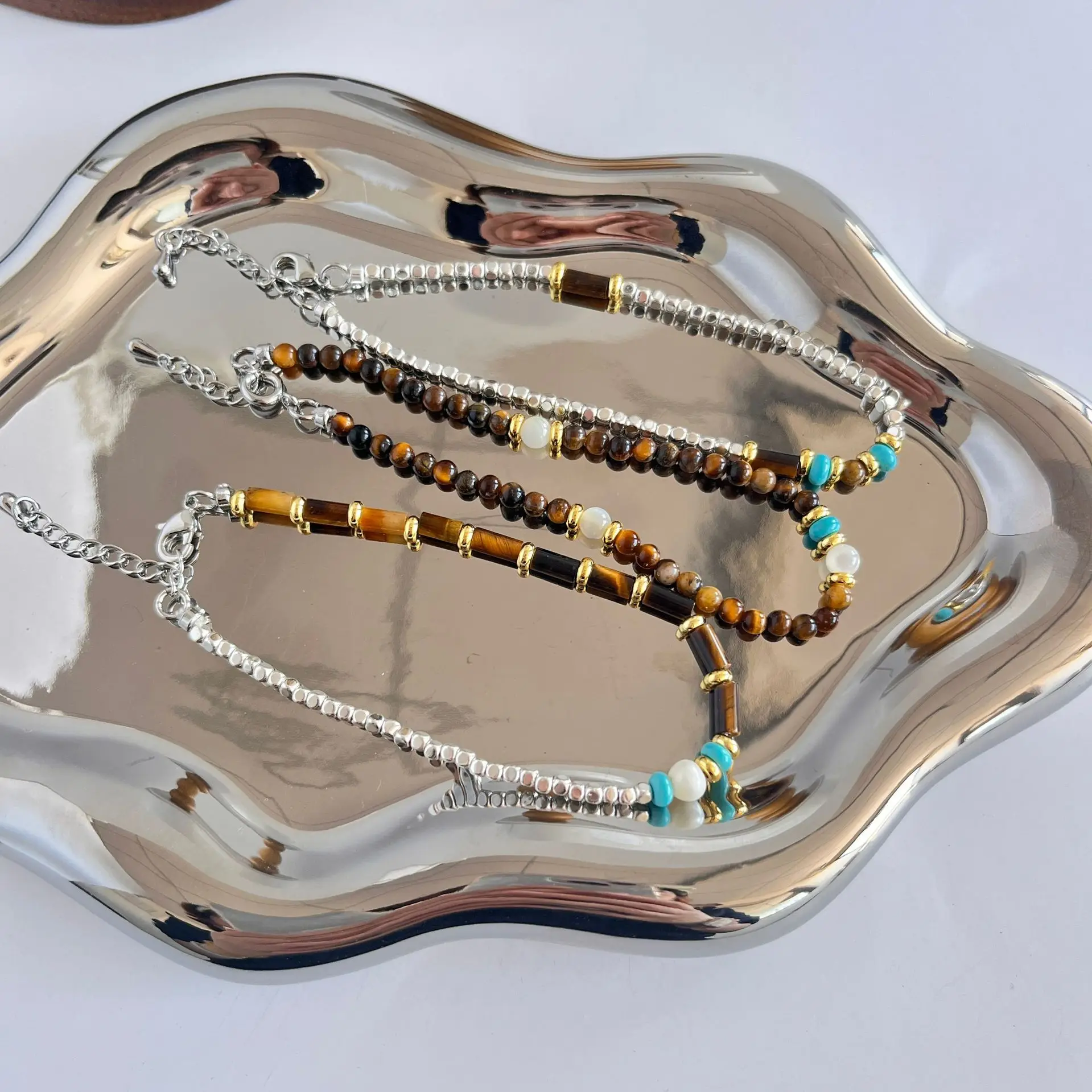 Withered Broken Silver Maillard Wearing Natural Tiger Eye Stone Pearl Bracelet For Women