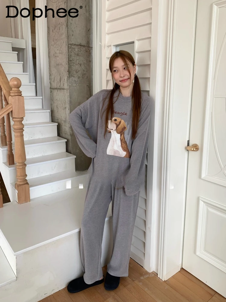 

Простая элегантная дымчато-серая пижама с рисунком щенка, приятная для кожи, с длинными рукавами, пригодная для носки снаружи, с круглым вырезом, повседневный комплект домашней одежды