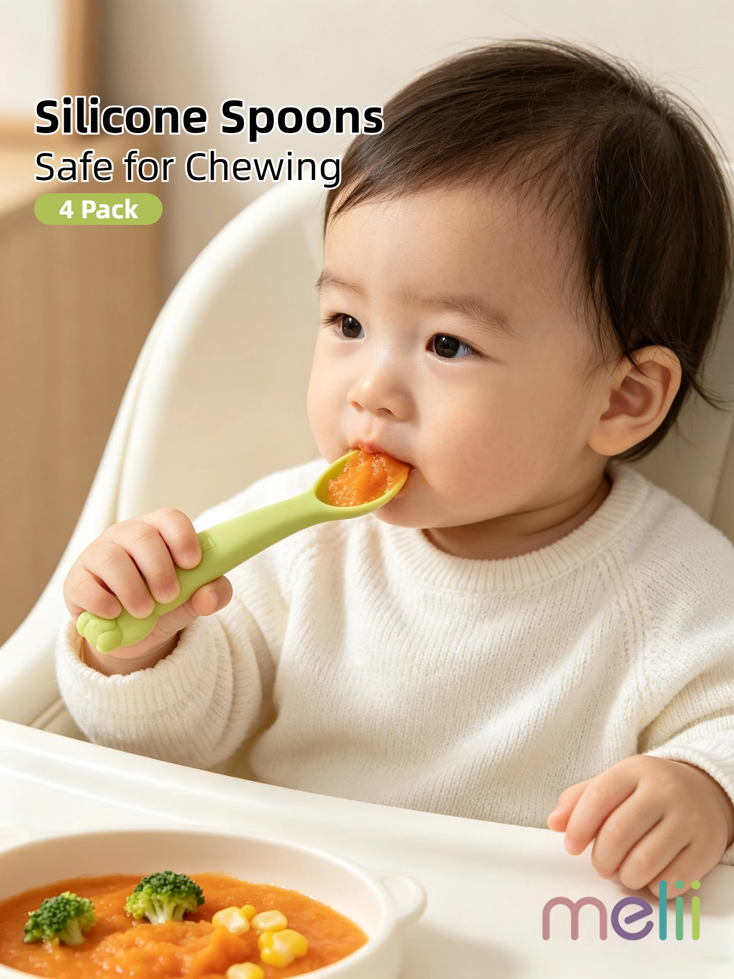 Melii Silicone Spoons 4pcs Serving Spoon Heat Resistant Soft Baby Spoon Self Feeding Training Multipurpose Kitchen Utensil