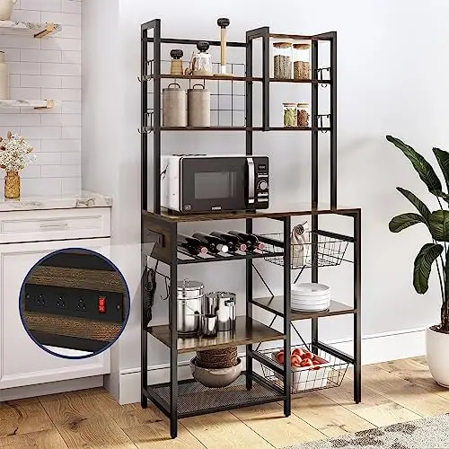 

Kitchen Bakers Rack with Power Outlet, 7-Tier Coffee Table, Microwave Stand with , 10 & 2 Baskets, Kitchen Rack Shelf for