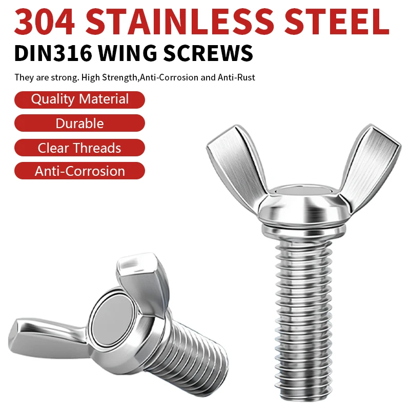 DIN316 Wing Screws 304 Stainless Steel M4 M5 M6 M8 M10 Round Wing Bolts Hand Tighten Thumb Screws No Tools Needed Easy Grip