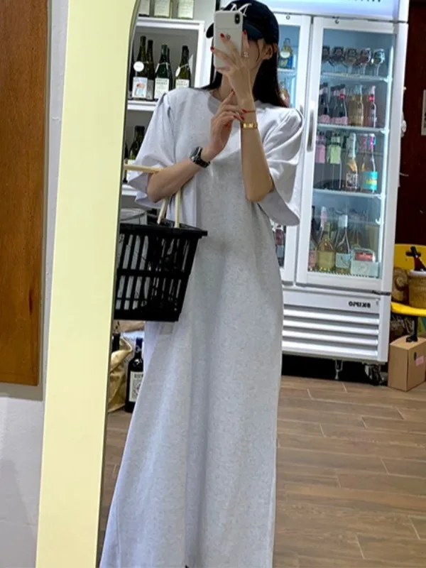 Summer Vintage Lazy Style round Neck Loose Casual Back Split Long Short Sleeve Dress Women's Comfortable Breathable Spring Au...