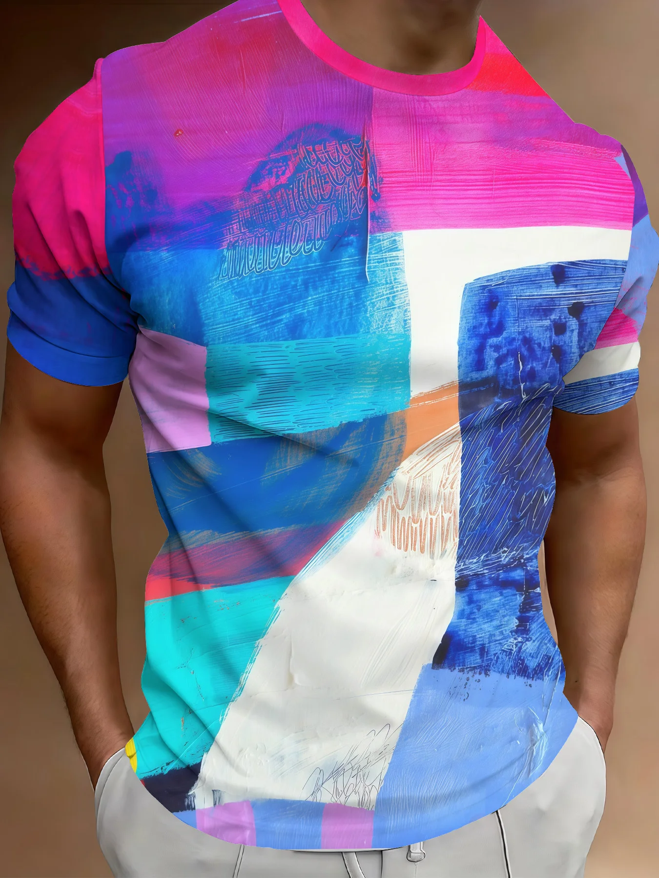 Men Abstract Color Block Pink Blue White Brush Stroke Oil Painting Print Short Sleeve Crew Neck T-shirt
