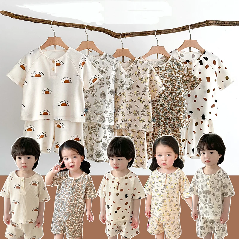 Baby Pajamas Set for Girls Boy Kids Short Sleeve Print Sleepwear Breathable Cotton Waffler Home Clothes Children Pyjamas 2PCS