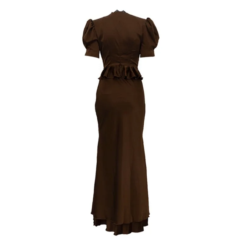Damen Satin 2-Teiliges Outfit Spitzenbesatz V-Ausschnitt Top Hochgeschnittener Meerjungfrauen-Midirock Elegantes Büro Hochzeitsgast Abend-Set – Detail 5