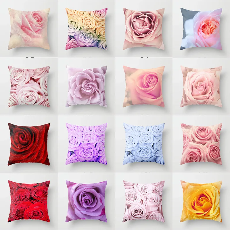 American Style Red Pink Roses Floral Pillowcase Pure Flowers Print Cushions Cover Modern Fashion Sofa Decorative Throw Pillows