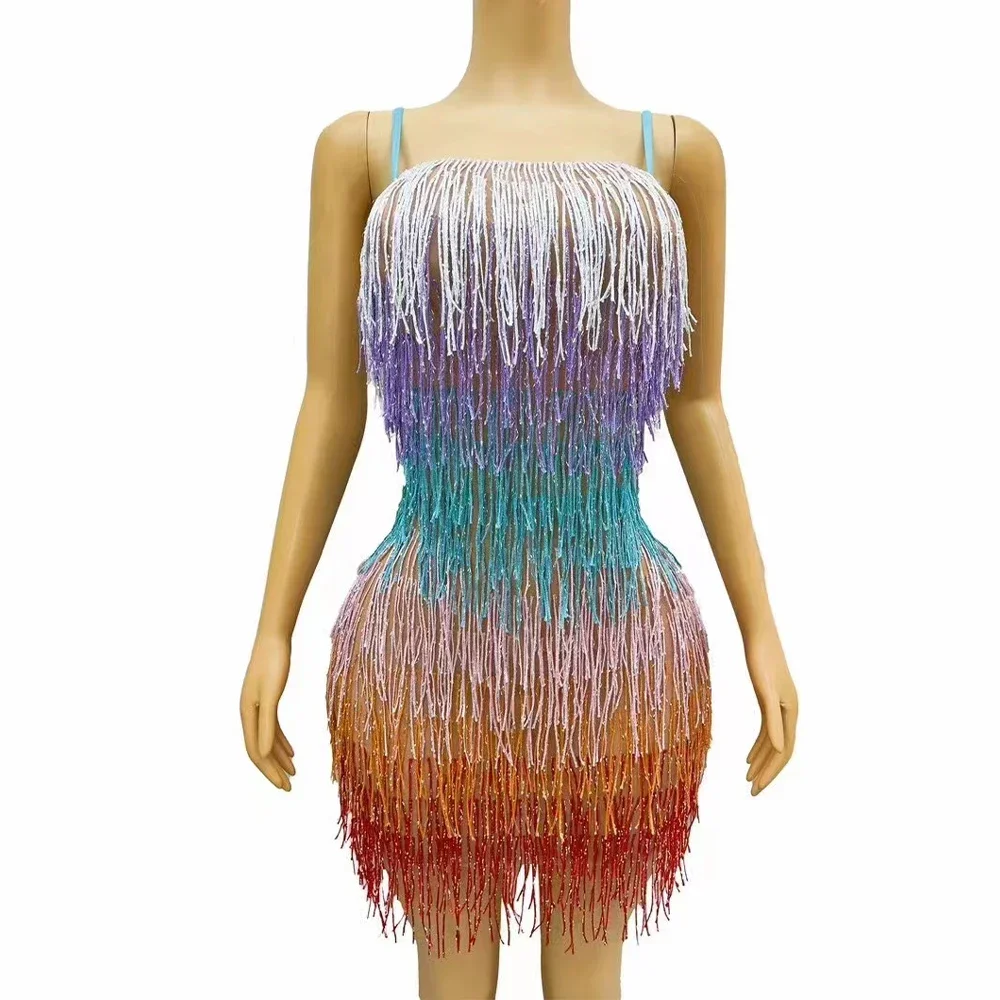 

Women Sexy Stage Summer Colorful Tassels Fringes Dress Birthday Graduation Celebrate Sleeves Singer Photoshoot Dress