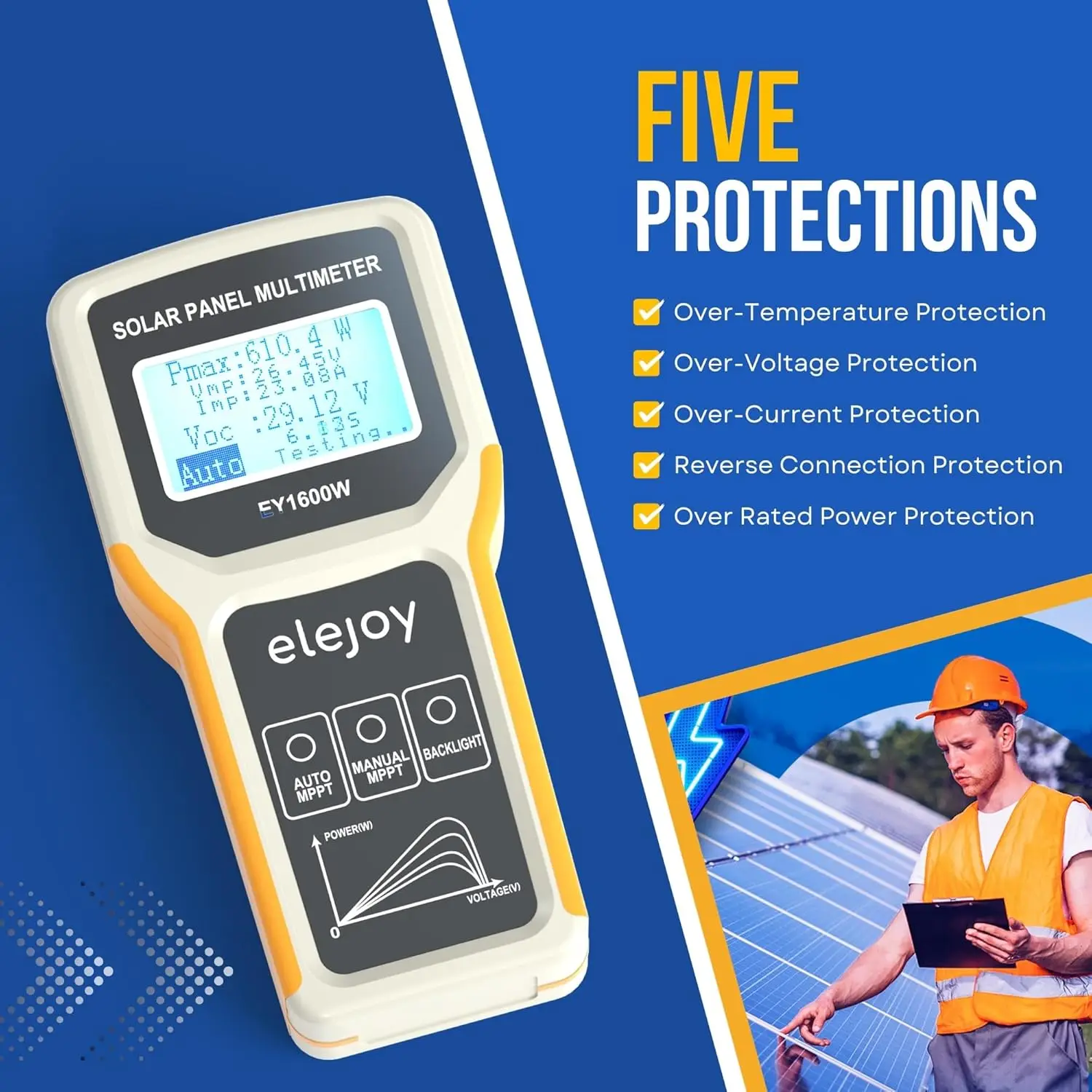 EY1600W Solar Panel Tester, Solar DC/AC Power Meter, Photovoltaic Panel Multimeter, Open Circuit Voltage Auto & Manual MPPT