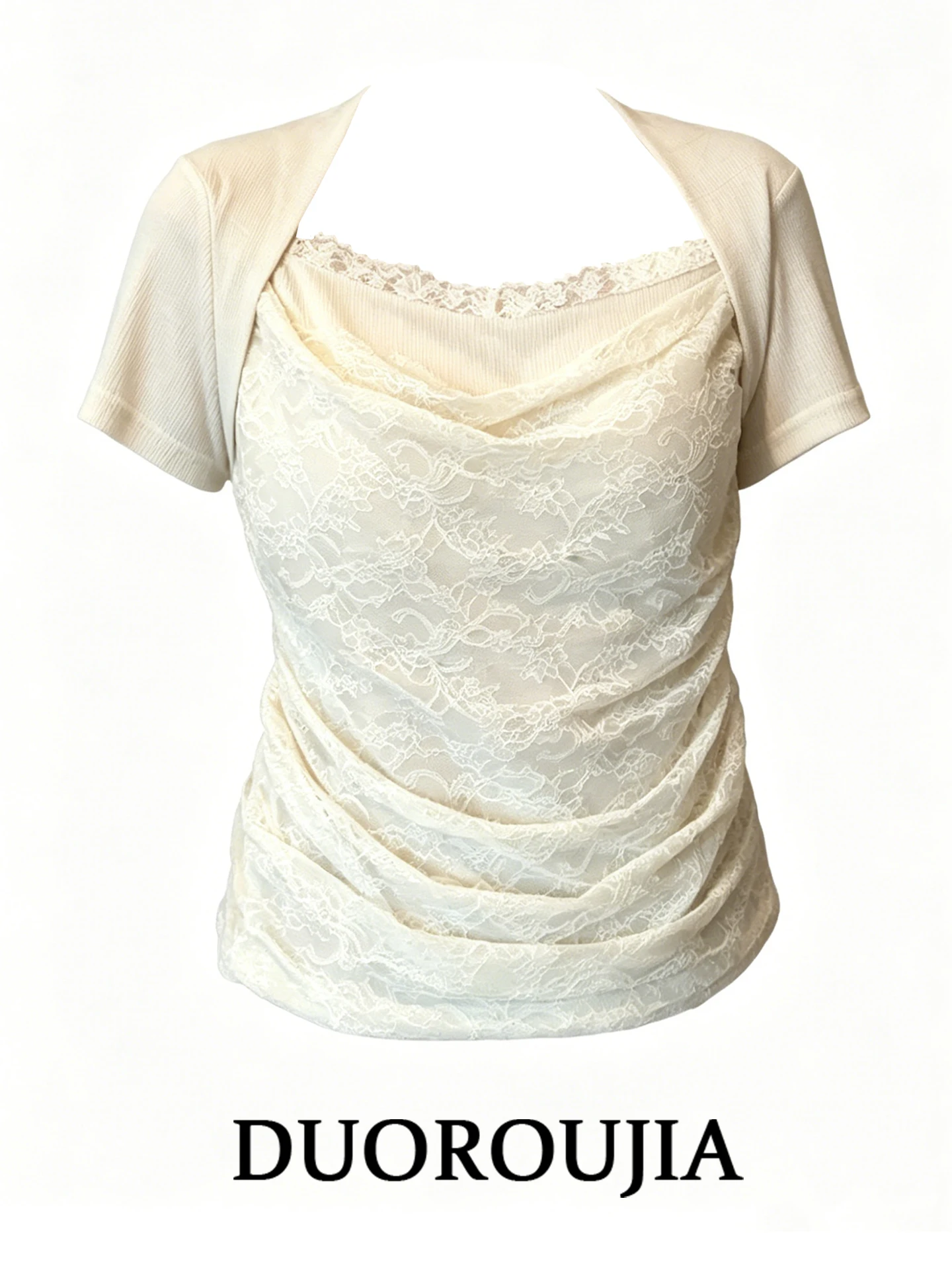 

plus Size Lace Short Sleeve T-Shirt Women's Summer Slimming Casual Square Neck Top Korean Style High Waist Anti-Ball Daily Wear