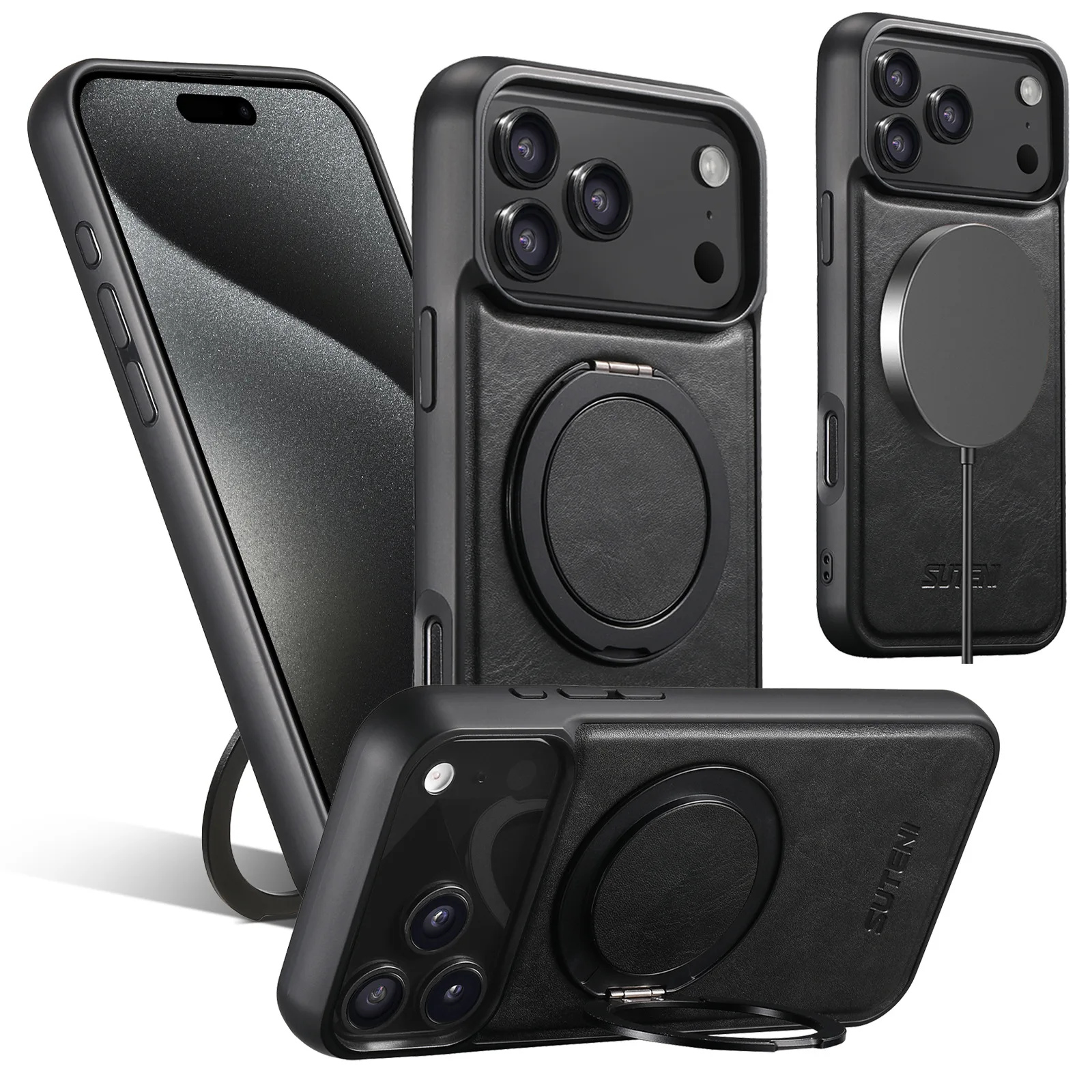 

case for 17 16 15 14 13 12 pro max 360° rotating bracket ring buckle leather cover magnetic With Holder Kickstand Shock Proof