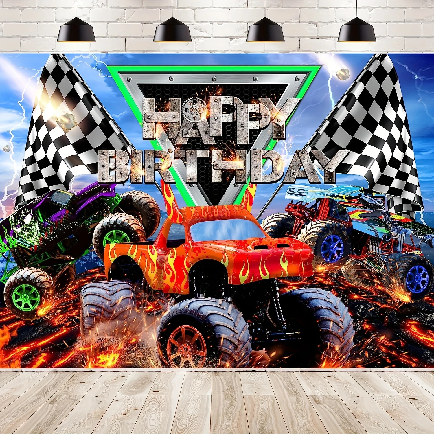 1PC Monster Truck background Happy Birthday background for birthday decoration photography background Bedroom or wall decoration