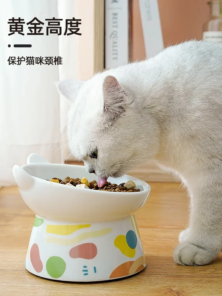 Ceramic cat bowl protects the neck from slant mouth dog food bowl with high feet against upsetting the pet bowl