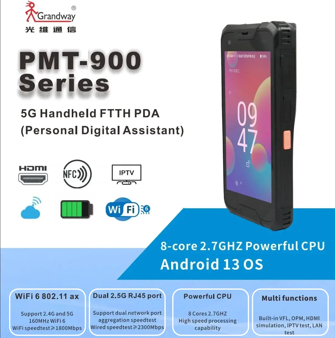 Grandway PMT900 OTDR PDA Handheld Terminal Touch Screen With OPM,VFL,OTDR TV Simulation, Speedtest, Android 13OS Network