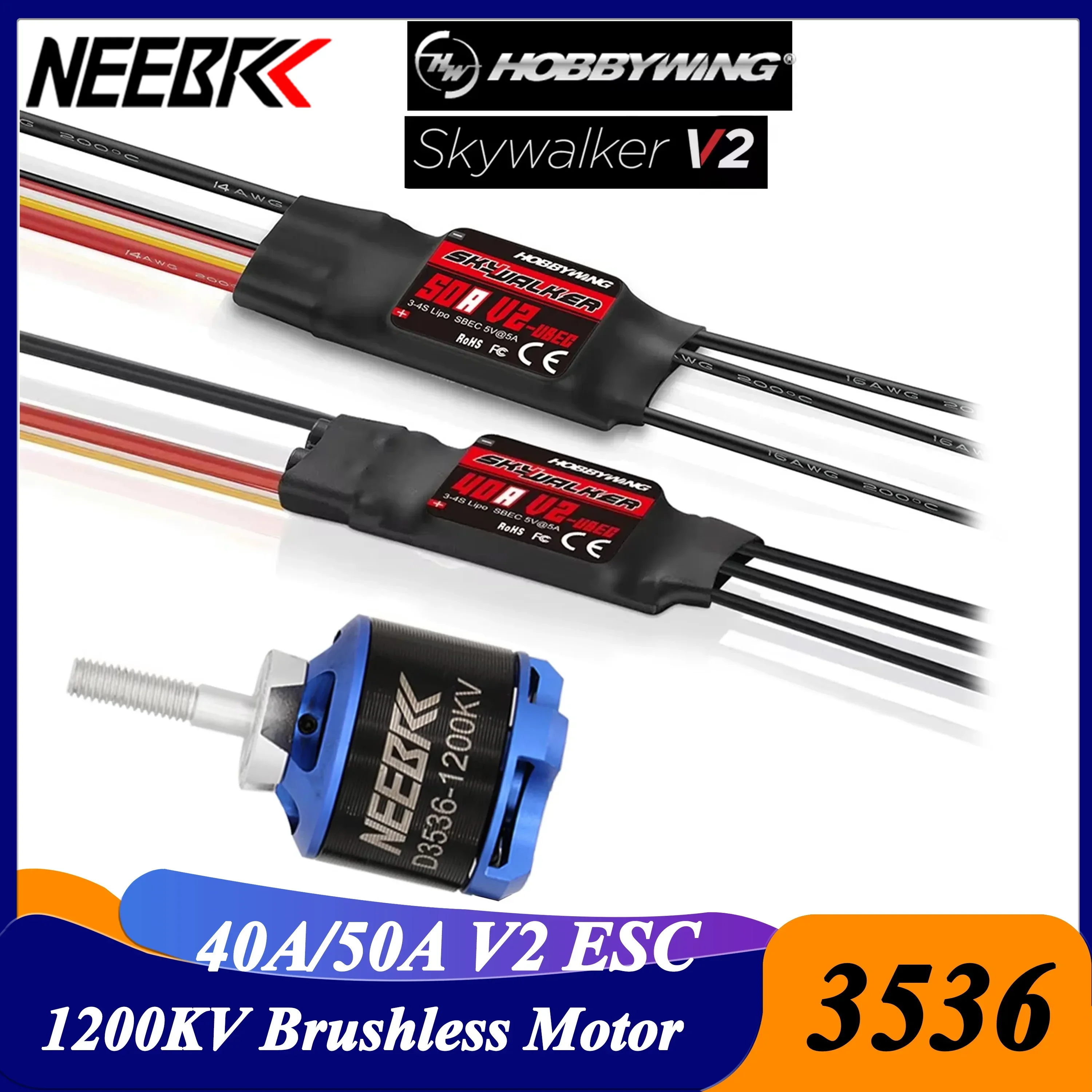 

NEEBRC D3536 2-4S1200KV Brushless Motor Hobbywing Skywalker 40A /50A V2 UBEC ESC for FPV Racing Drone RC Fixed-wing Airplane