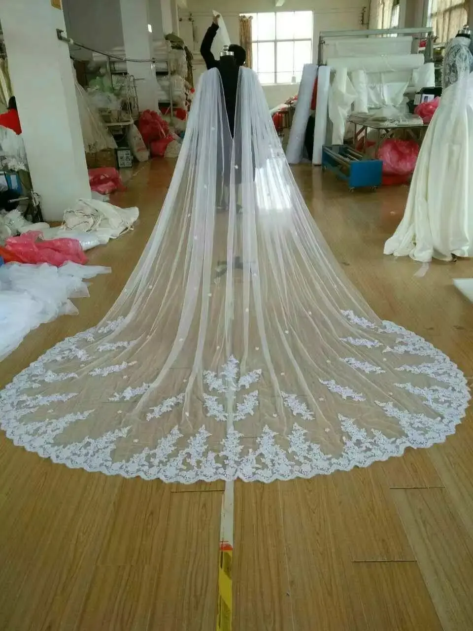 Lace Applique Bridal Cape Veil Cathedral Length Wedding Veil