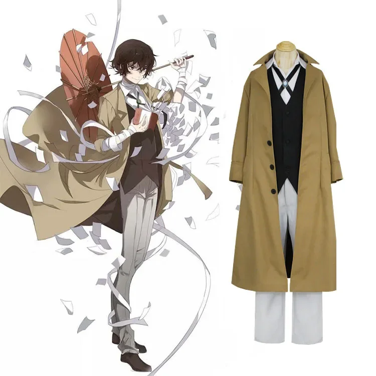 

Anime Men Suit Cosplay Costume Unisex Clothing Osamu Dazai Suit Uniform Coat Jackets Pants Vest Set with Wig Outfits