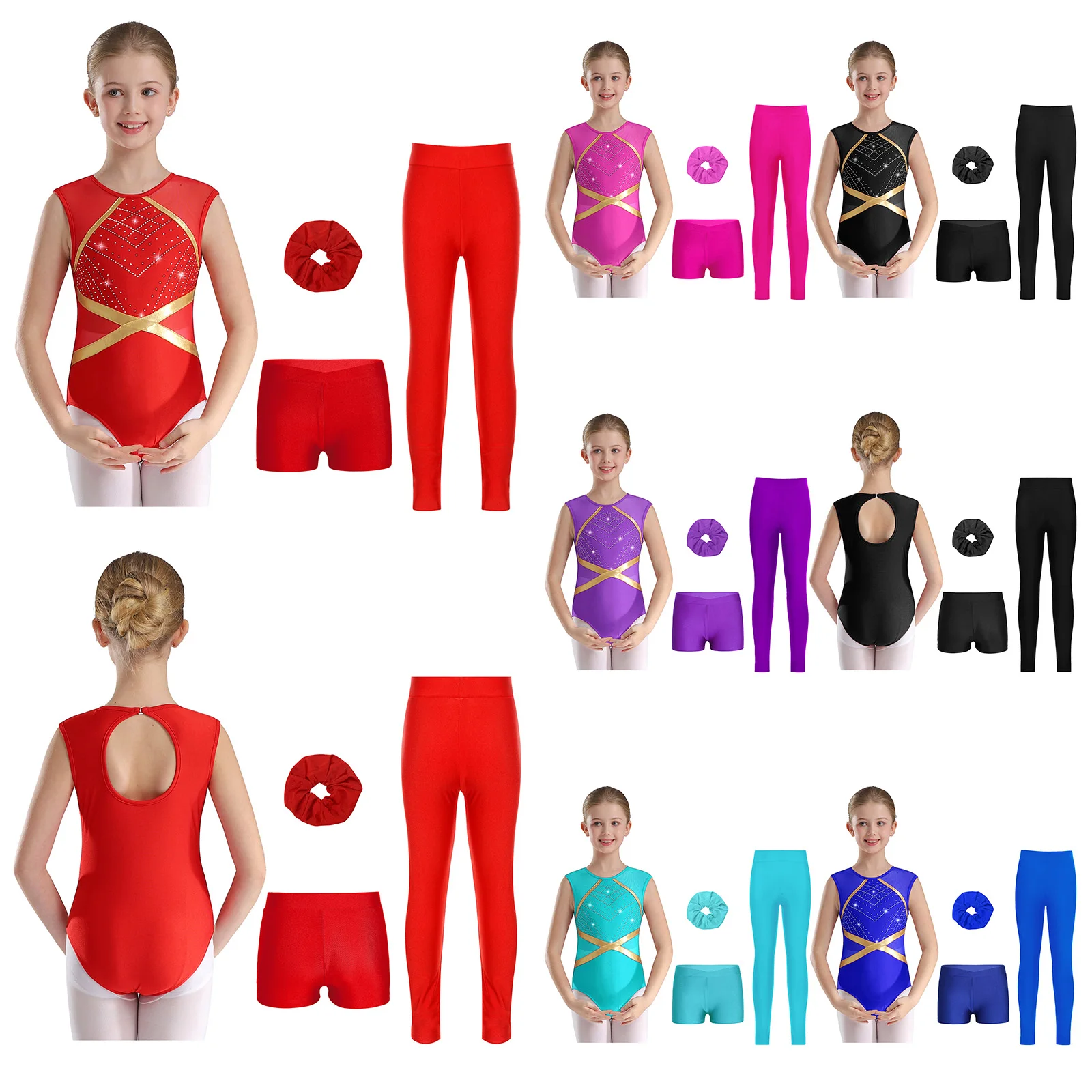 Set da ballo per pattinaggio di figura per bambina, body patchwork senza maniche con strass scintillanti con pantaloncini a V, leggings e copricapo