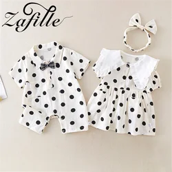 ZAFILLE Twins Baby Clothes Summer Brother Sister Matching Outfit Dots Print Newborn Bodysuit Dress For Kids Boys Girls Costume