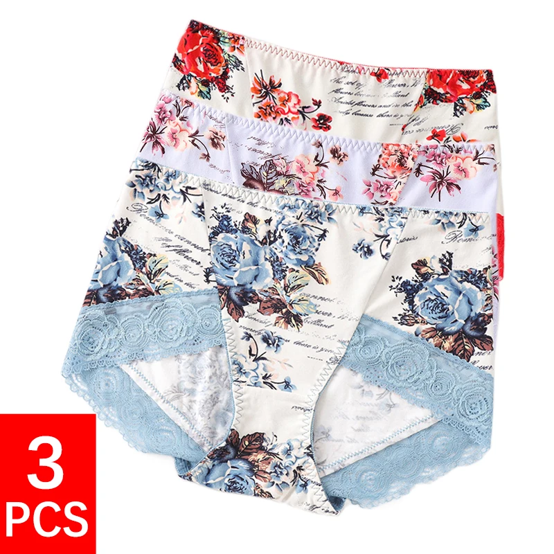 3Pcs/lot Cotton Underwear Women\'s Panties Breathable Elastic Underpants Floral Lace Briefs Female Sexy Mid Rise Panty Lingerie