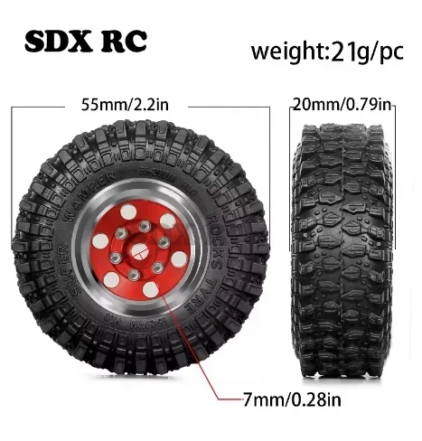 Metal Beadlock Roda Pneu Set, 1/18, 1/24 RC Crawler Car, Peças de atualização, Acessórios, TRX4M, SCX24, AX24, FCX24, 55mm, 1.0 ", 4pcs