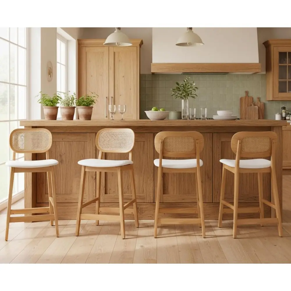 

Set of 4 Rattan Counter Height Bar Stools with Cane Back and Leather Upholstery for Kitchen Island or Pub, White