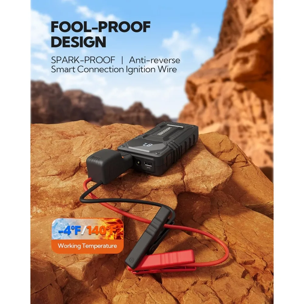 كاتب قفز بطارية السيارة، صندوق قفز بطارية 12000 مللي أمبير في الساعة، معزز قفز السيارة بقدرة 4.4 وات في الساعة مع كابلات قفز ذكية، سيارة طوارئ بإضاءة LED