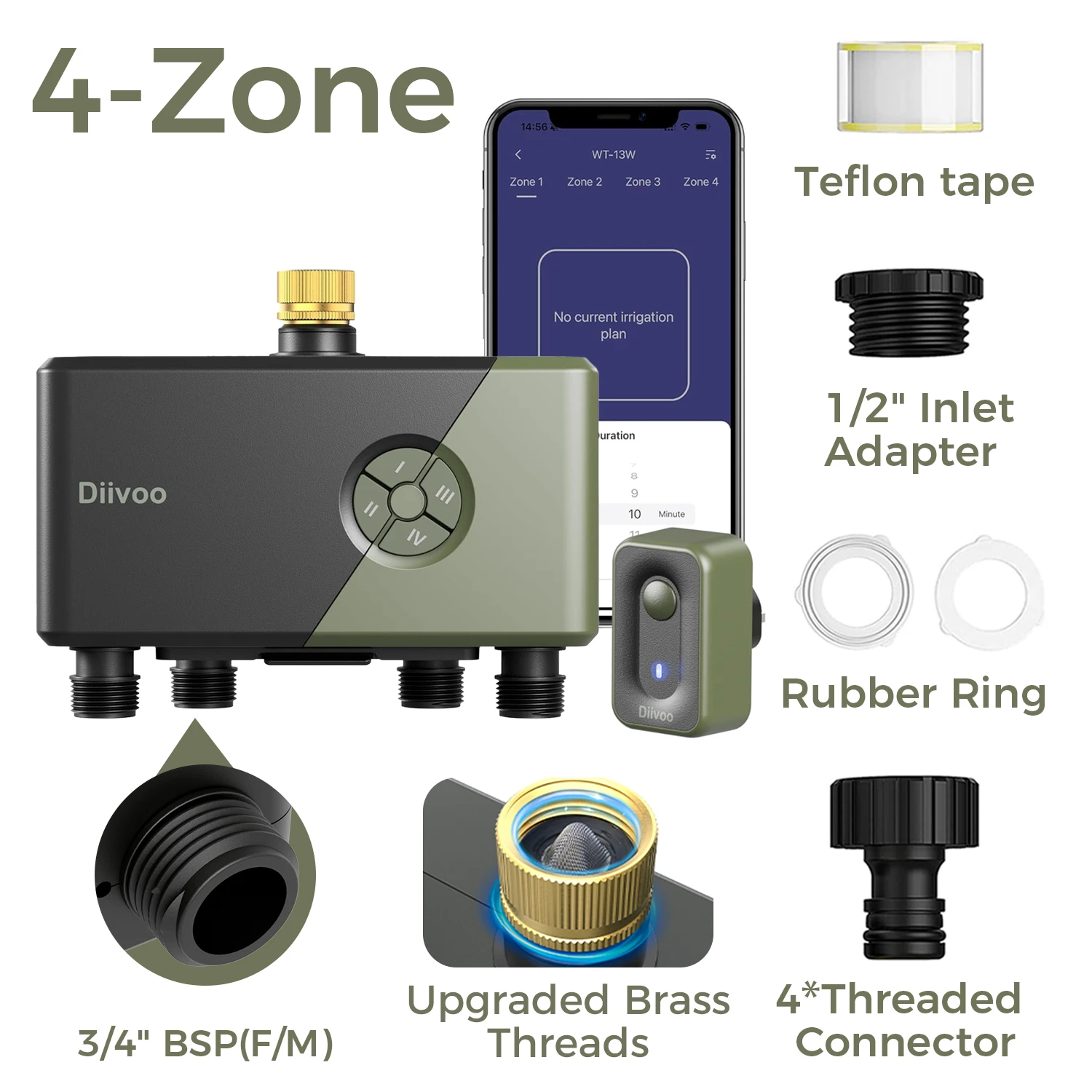 Diivoo Garten-WLAN-Bewässerungstimer für 1/2/3/4 Zonen, Automatischer Bewässerungstimer, Bewässerungssystem-Controller mit Regenverzögerung und Manueller Bewässerung