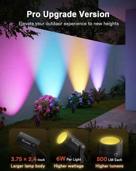 스마트 색상변경 야외 스포트라이트, 6개입 IP65 방수, 각각 500루멘, 정원용 앱/음성/리모컨 제어