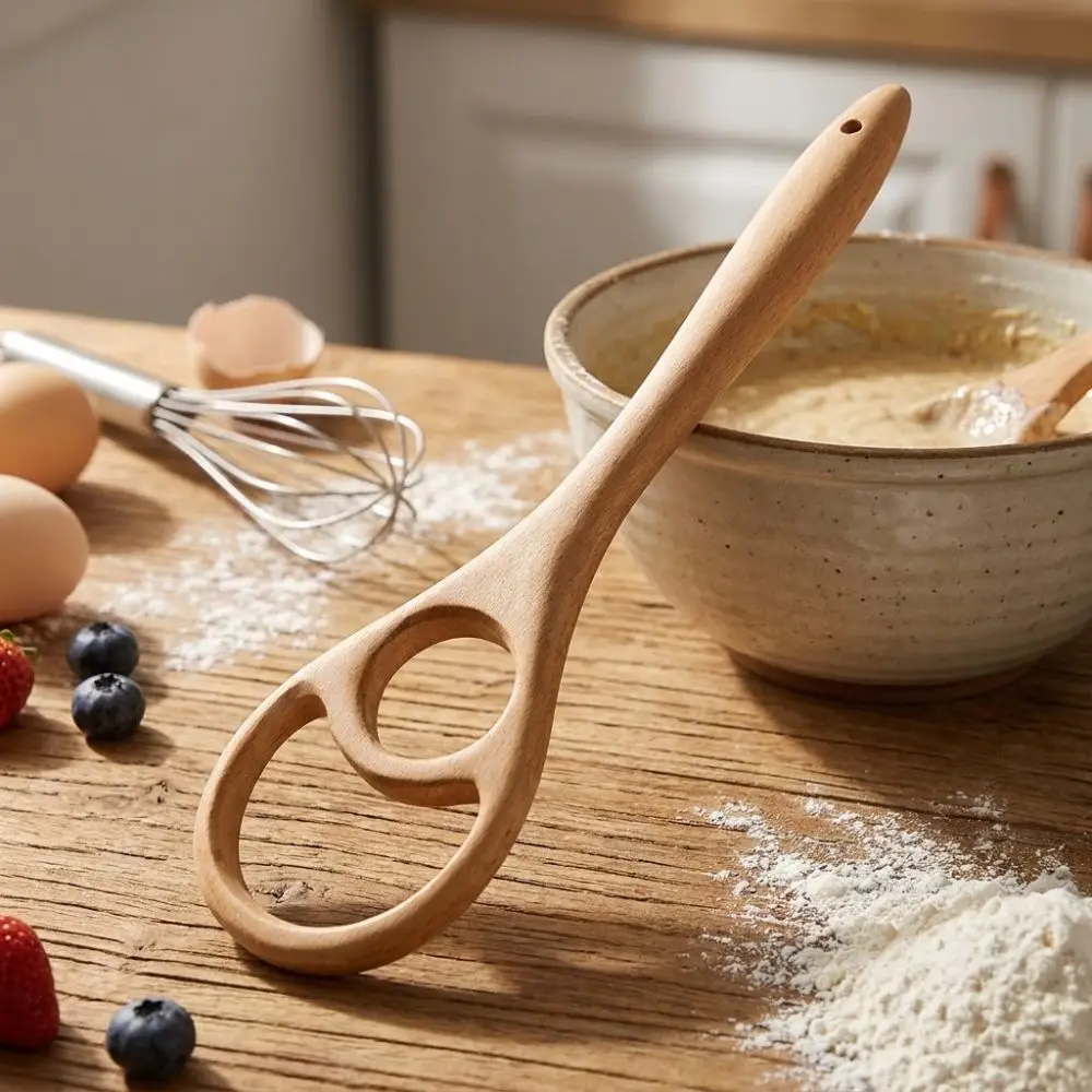 Portable 12.6 inch Danish Dough Whisk Large Size Wooden Baking Whisk Comfortable Grip Two-Ring Design Mixing Tool Home Baking