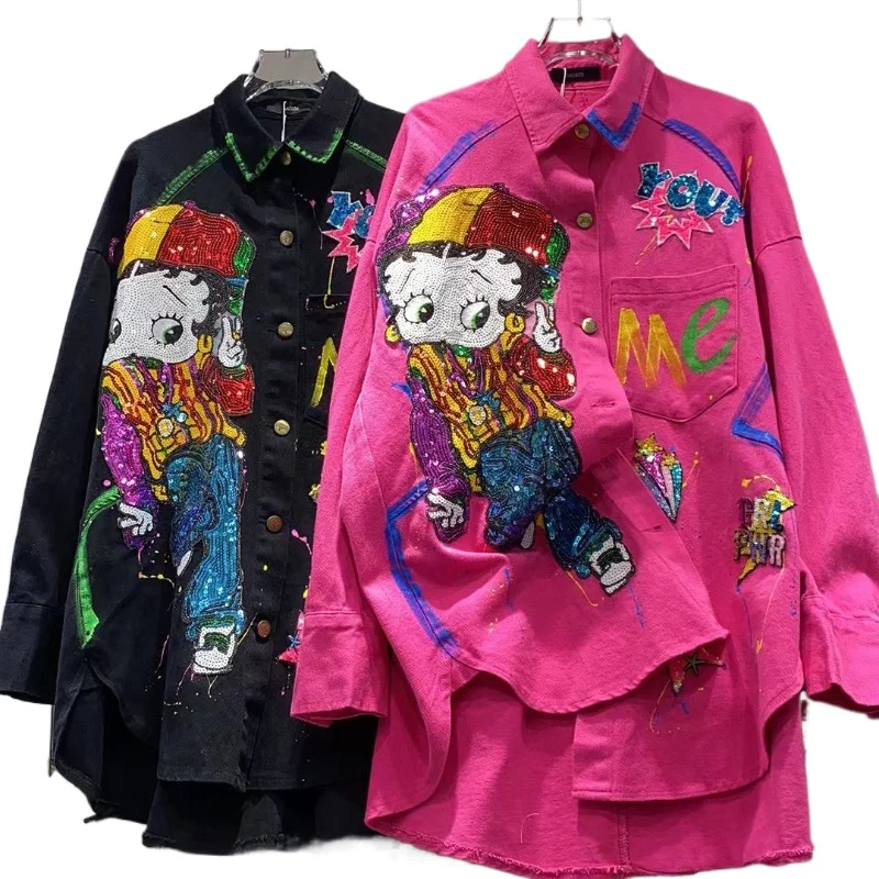 Cute Cartoon Sequin Long-sleeved Shirt Casual Loose Contrasting Single-breasted Jacket Women Spring and Autumn Kawaii Clothes