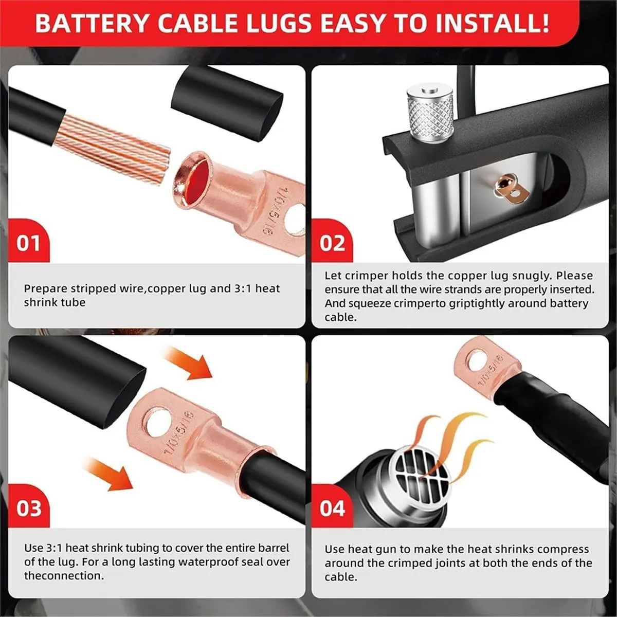 8 AWG-5/16 Battery Lugs with 3:1 Heat Shrink Tubing Battery Cable Ends, Heavy Duty Copper Wire Lugs
