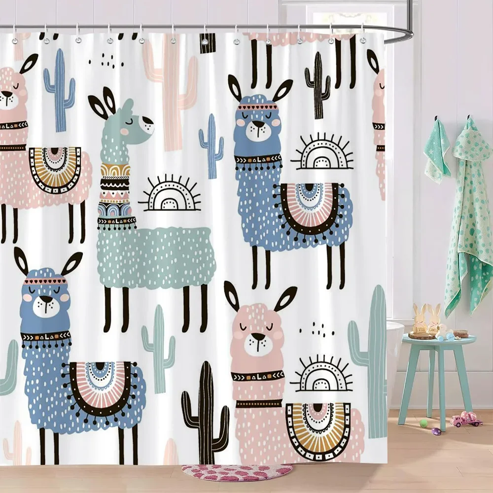 Cute Cartoon Pattern Printed Shower Curtain Colourful Animals Inspirational Language Kids Polyester Bath Curtains Bathroom Decor