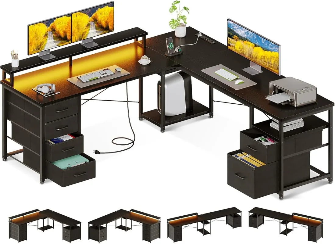 

66" L Shaped Computer Desk, 113“ Reversible Home Office with File Cabinet & 4 Fabric Drawers, Two Person