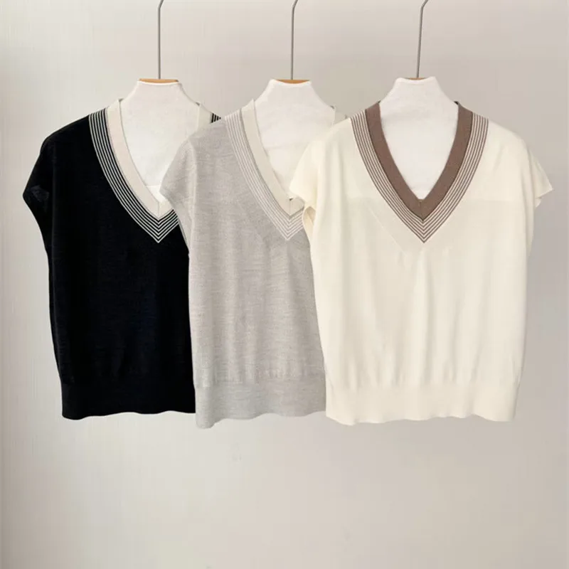Women's 2026 Spring/Summer New Silk Wool Stripe V-neck Short Sleeve Knitted Shirt Top