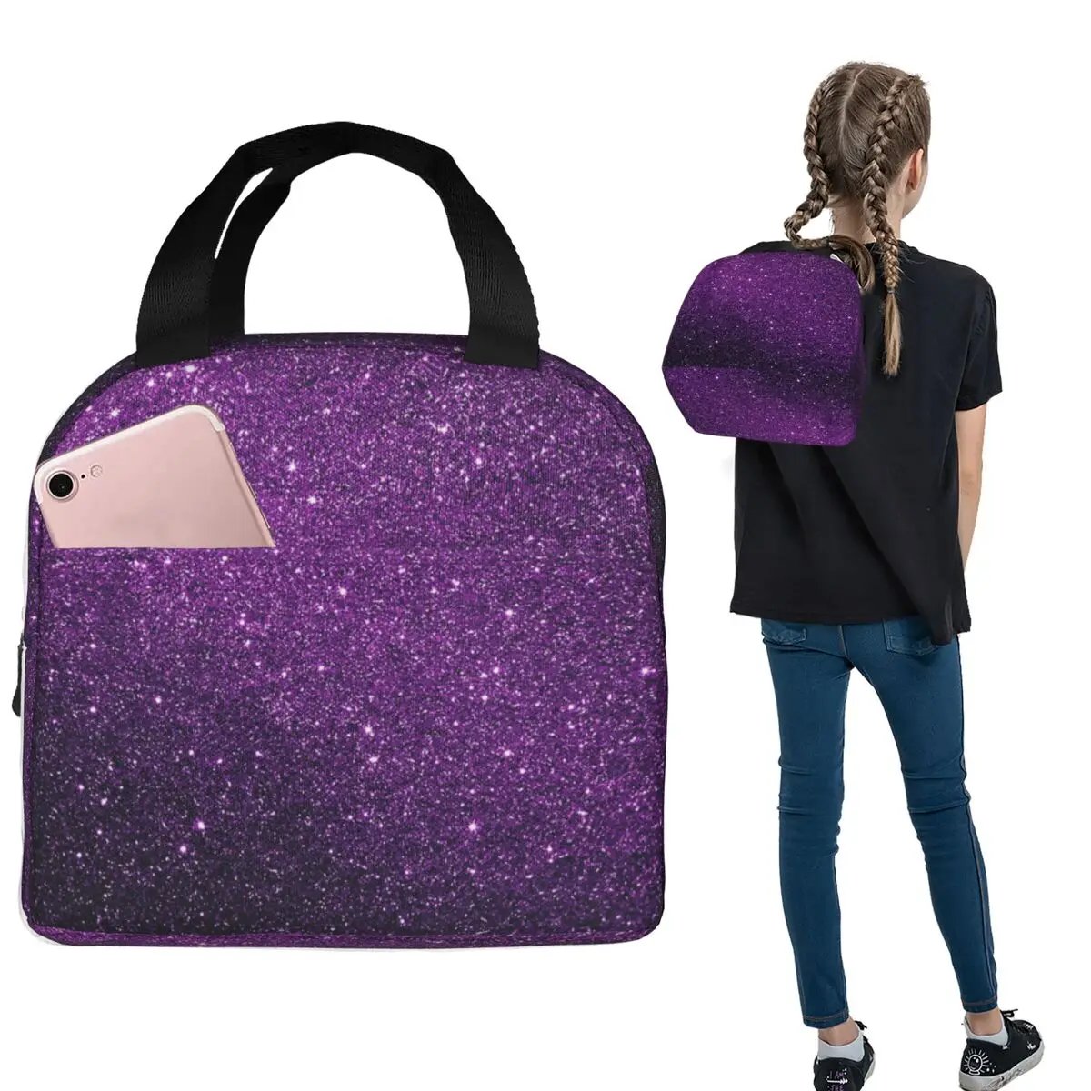 Gradient Purple Glitter Pattern Insulated Lunch Bag for Women Children Leakproof Food Boxes Thermal Lunch Box Tote