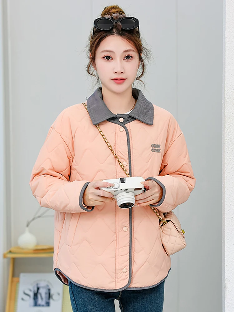 

Lightweight Cotton Jaet ort Loose Fit Doll Collar Women's Casual Sle Korean Faion Button Splice ket Cotton Filling