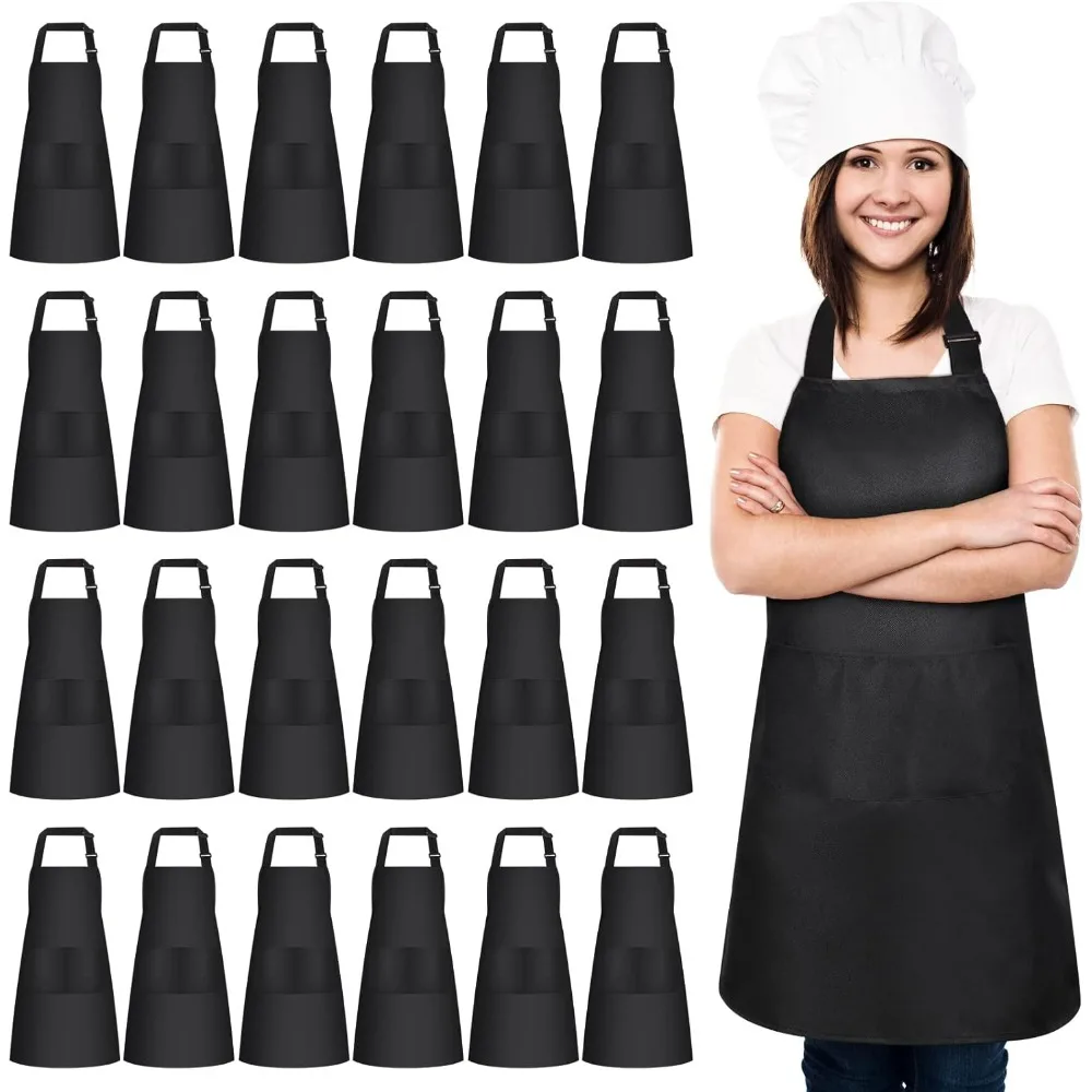 

Комплект из 24 регулируемых фартуков с нагрудником и 2 карманами, черные фартуки оптом для сервера, взрослых женщин, кухонный фартук, водостойкий, маслостойкий