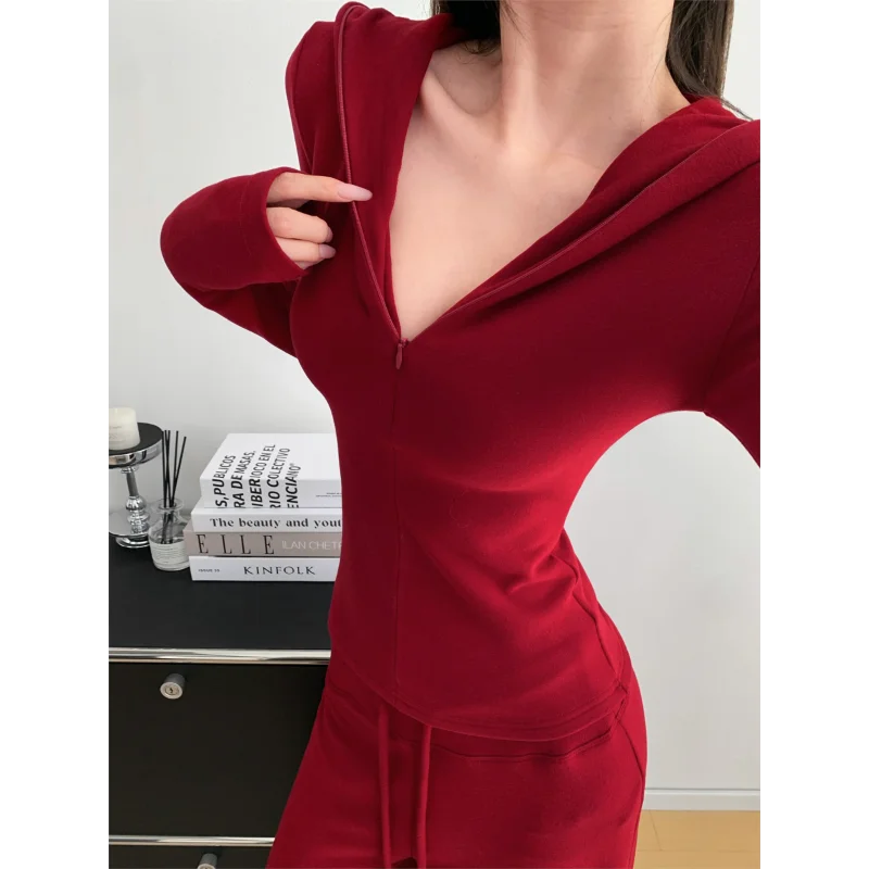 Dames rode trainingspak met capuchon, lange mouw, rits, top, hoge taille broek, 2-delige casual outfit